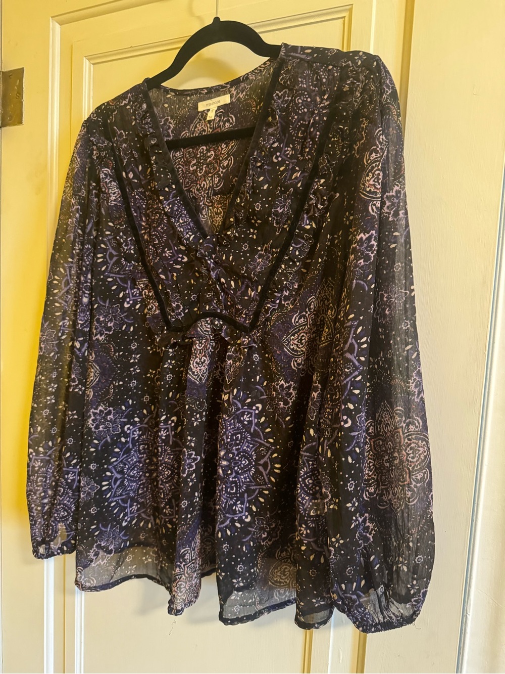 Maurices Black and Purple Paisley V-Neck Sheer Blouse